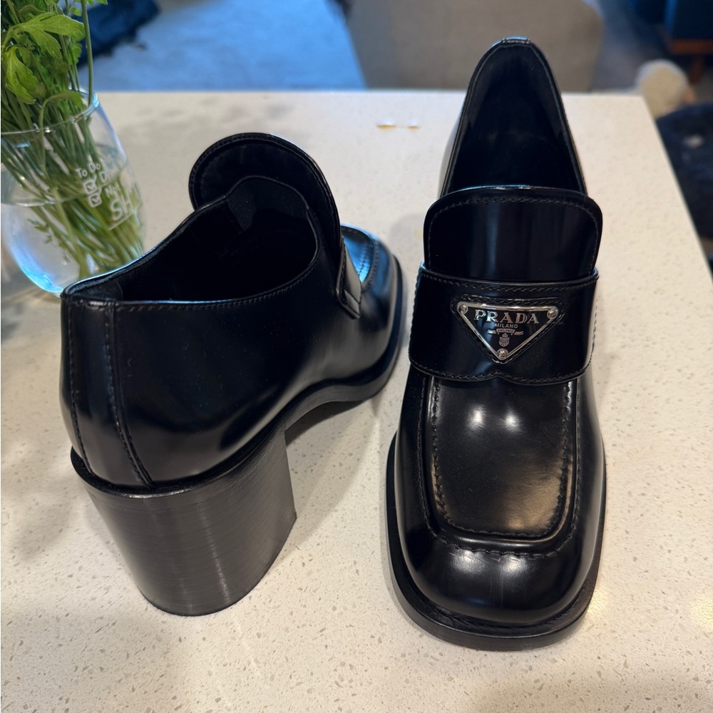 Prada block-heel brushed-leather loafers. New size 40 got them in Paris